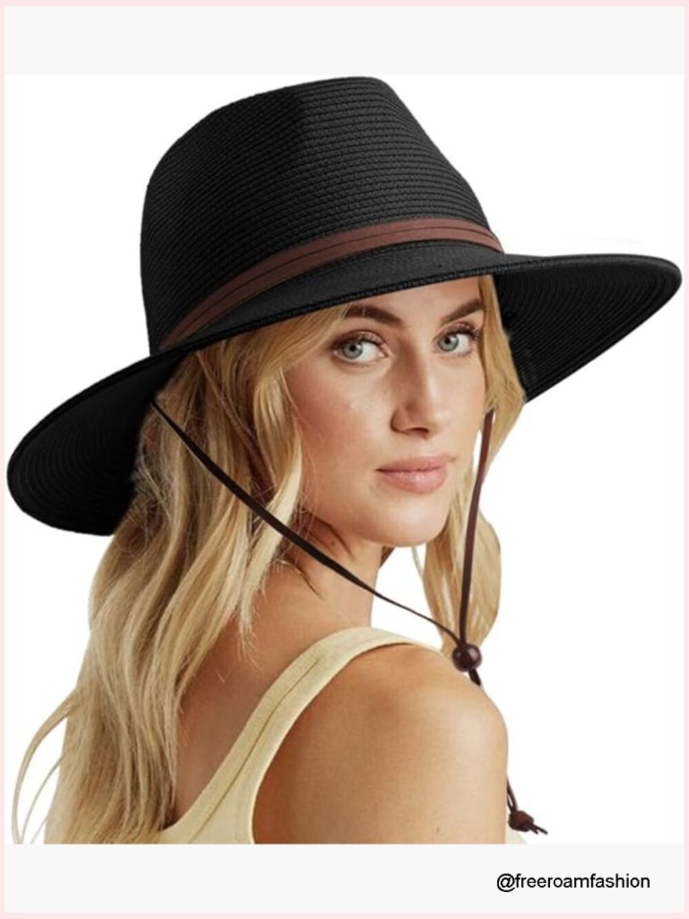 Womens Straw Sun Hat Wide Brim Panama Beach Hat with Chin Strap UPF 50+
